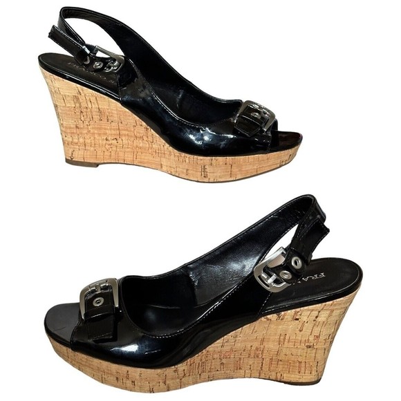 Franco Sarto Carnival Black Patent Leather Wedge Cork Sandals Women's Size 9.5 - Picture 1 of 10